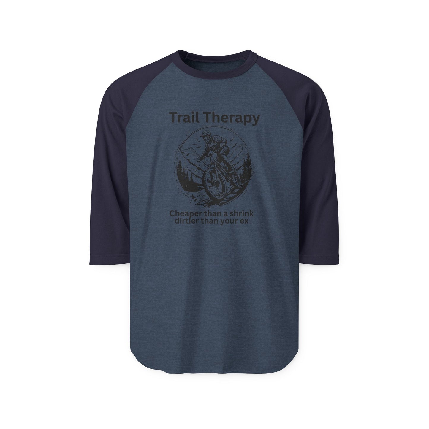 Front view of heather charcoal raglan with navy sleeves, black "Trail Therapy" MTB print and witty lines