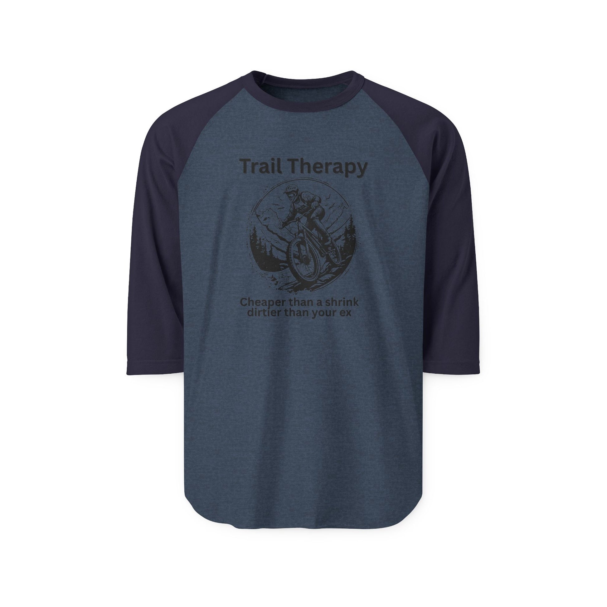 Front view of heather charcoal raglan with navy sleeves, black "Trail Therapy" MTB print and witty lines