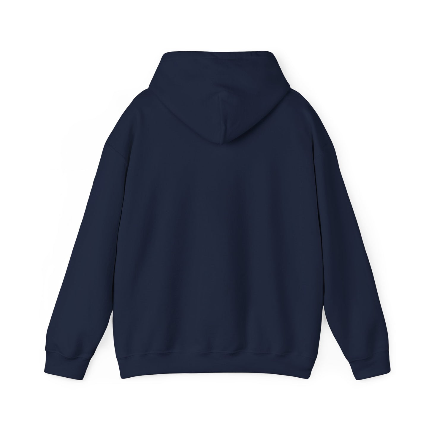 Back view of plain navy blue pullover hoodie, hood down, clean and simple