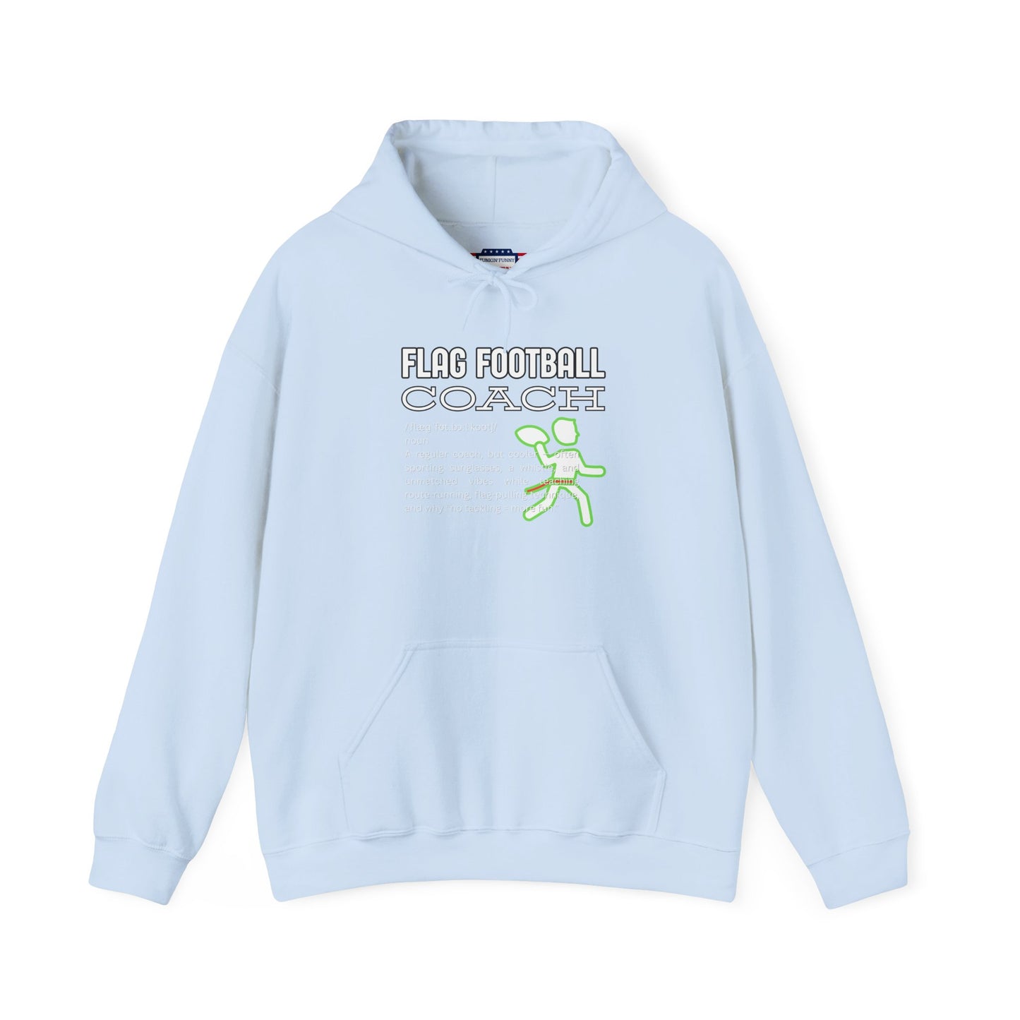 Front view of light blue Flag Football Coach hoodie with gray outline text, neon green runner graphic