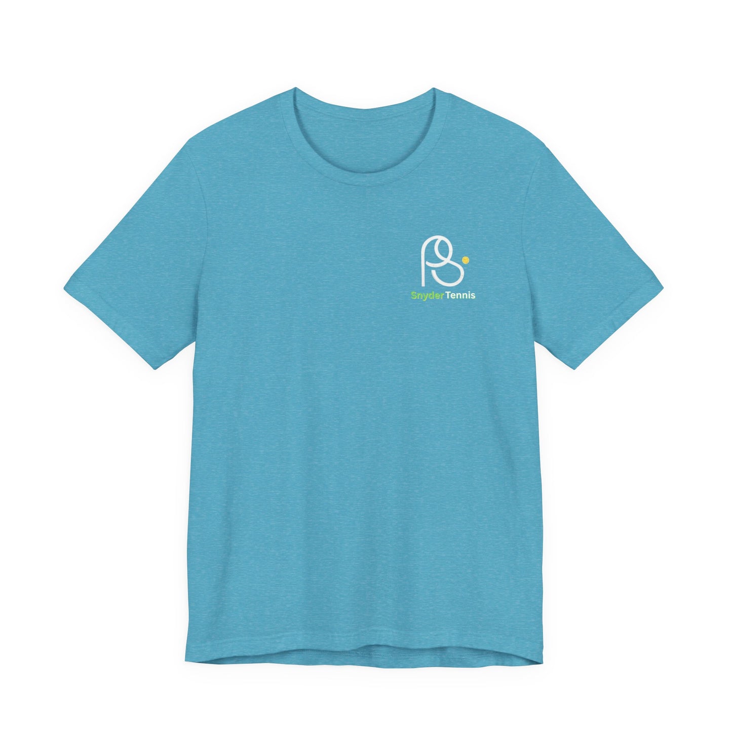 Front view of cyan blue Coach Pete Snyder t-shirt with white PS tennis ball logo and green "PS Tennis" on chest