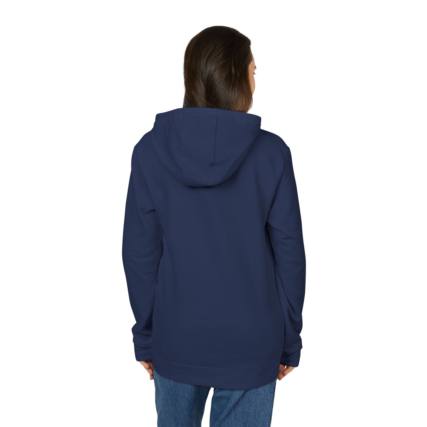 Rear view of navy Adidas fleece hoodie on woman, simple clean for everyday hustle