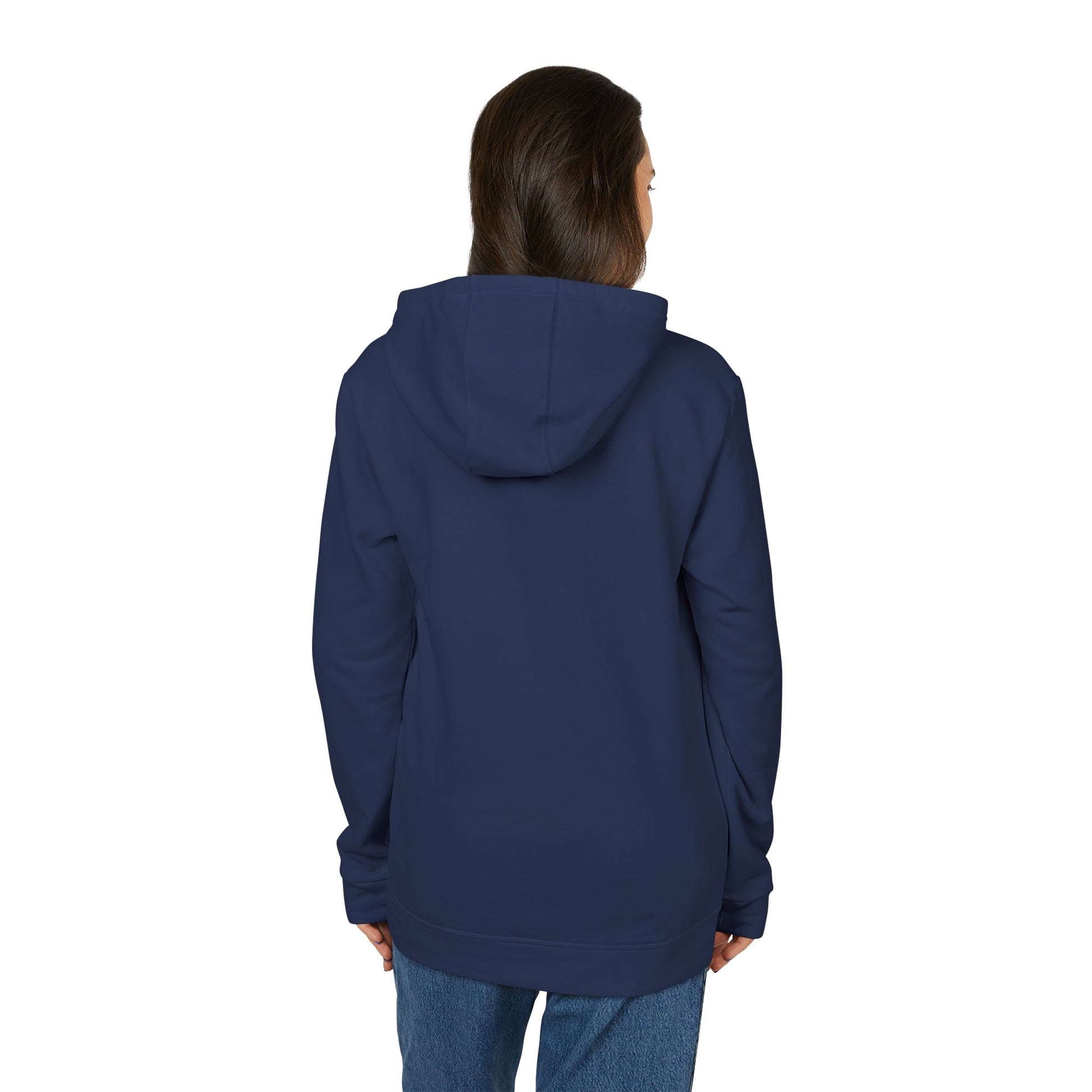 Rear view of navy Adidas fleece hoodie on woman, simple clean for everyday hustle