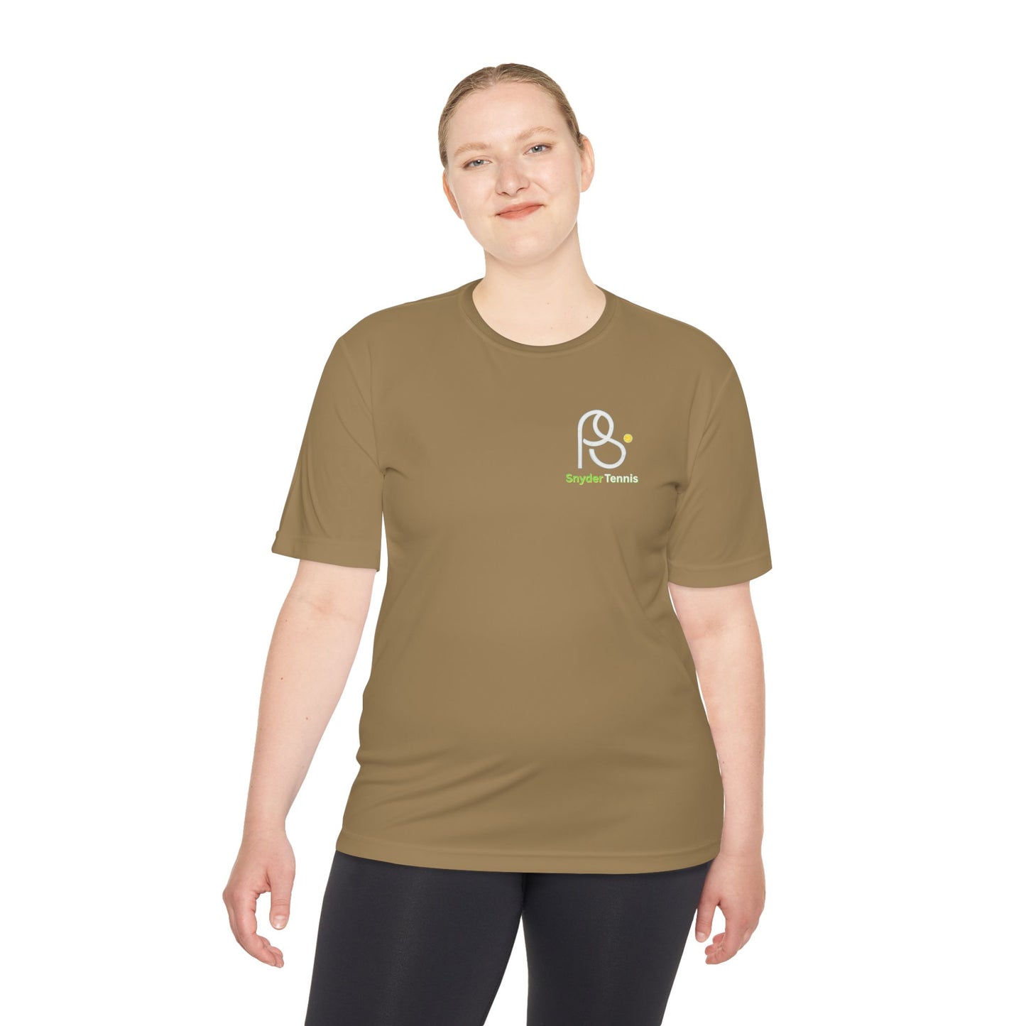 Woman in front view of grey concrete tee, crisp white PS emblem and green Bryant Tennis chest print