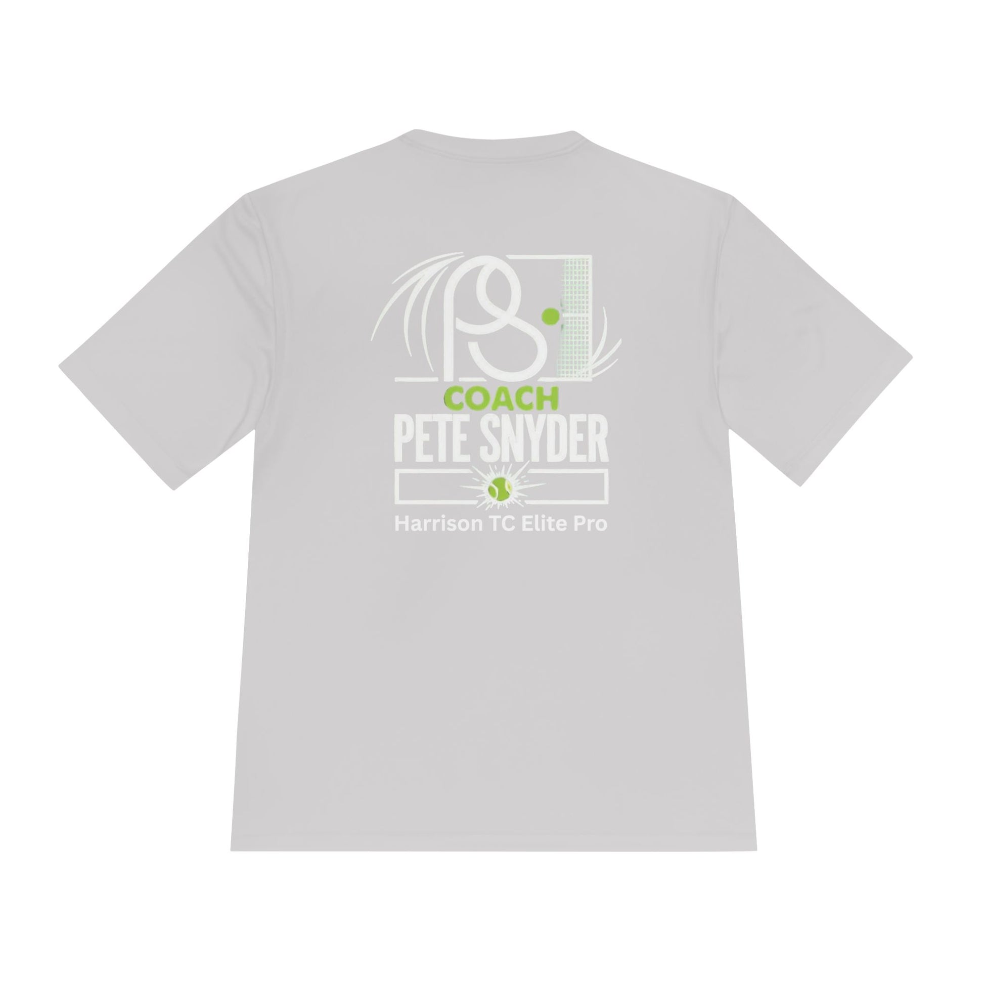 Back view of light gray tee with white "COACH PETE SNYDER" tennis racket design and green "Harrison TC Elite Pro"
