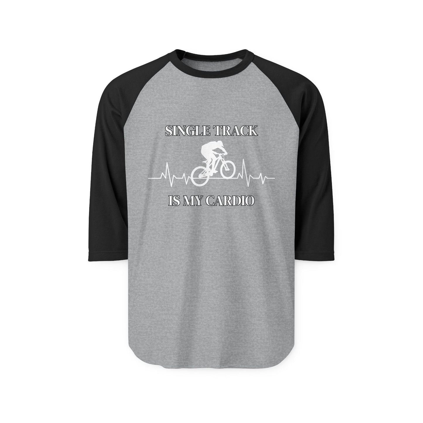 Front view of gray raglan tee with black contrast 3/4 sleeves and white "Single Track Is My Cardio" mountain bike heartbeat graphic