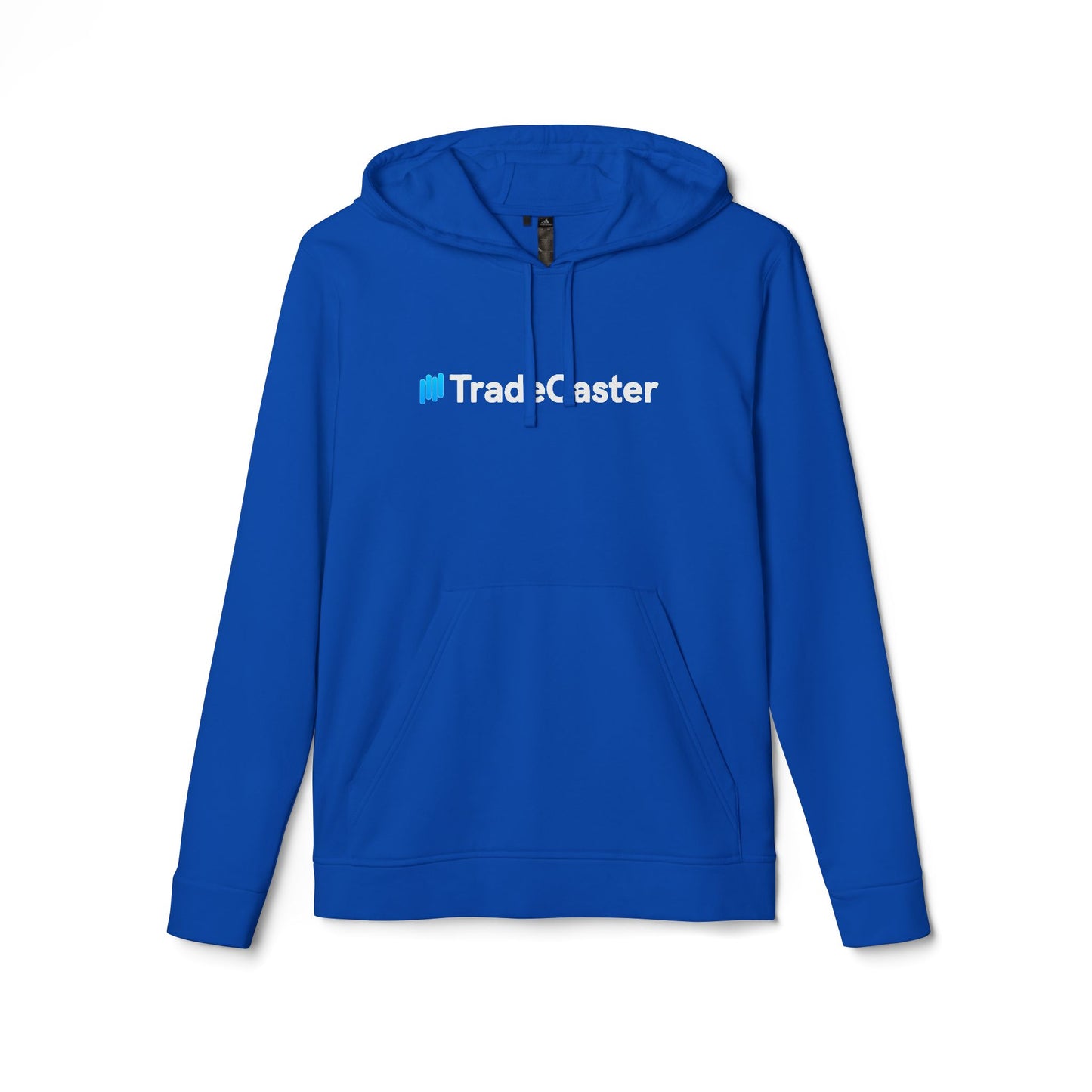 Front view of royal blue TradeCaster Adidas fleece hoodie, crisp white centered text with blue icon, kangaroo pocket poppin'