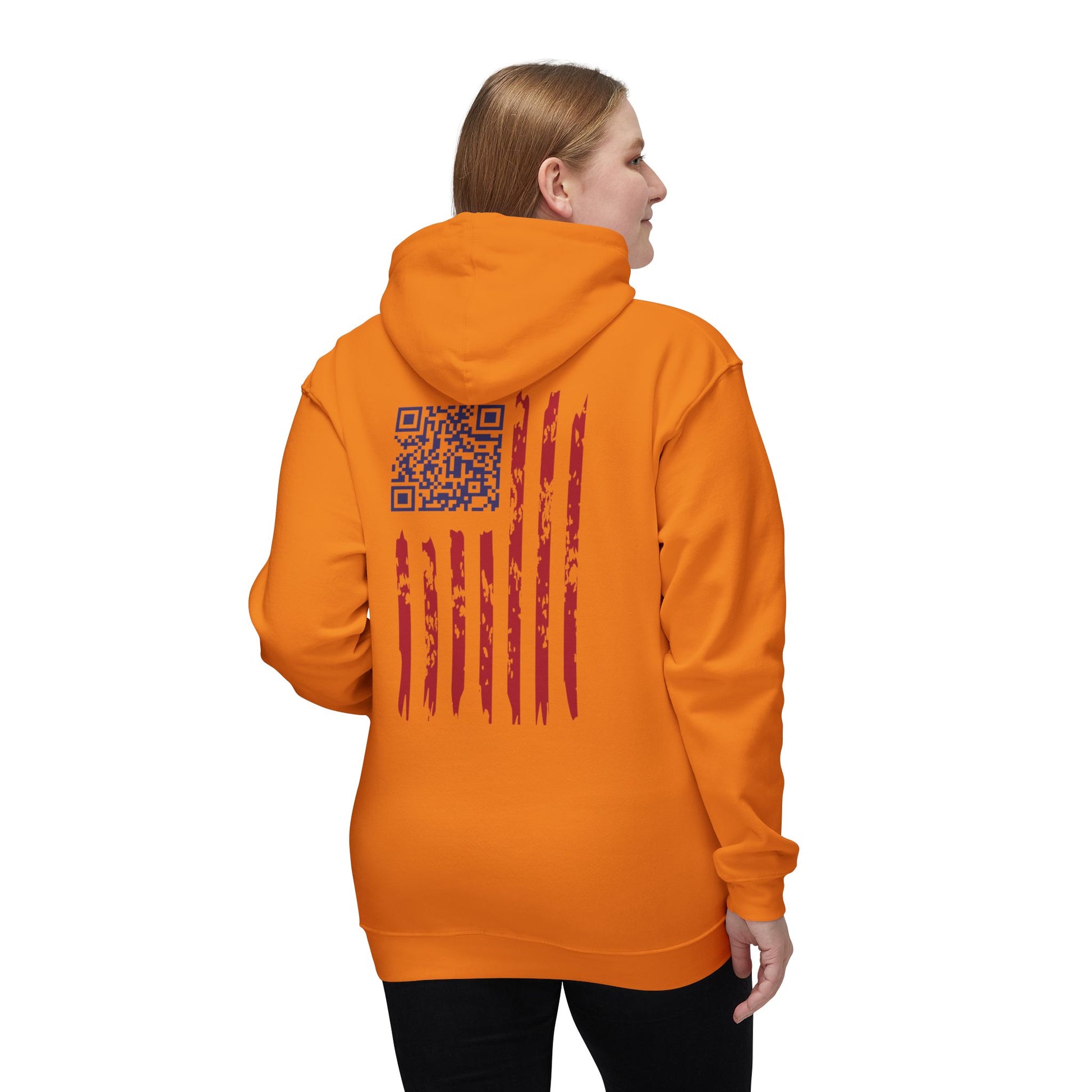 Woman in orange hoodie back view, gritty flag design with QR code tucked in starry blue