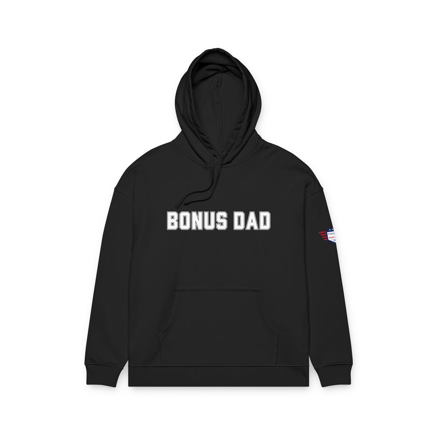 Crisp black Bonus Dad hoodie front, bold embossed "BONUS DAD" with red-white-blue flag sleeve patch
