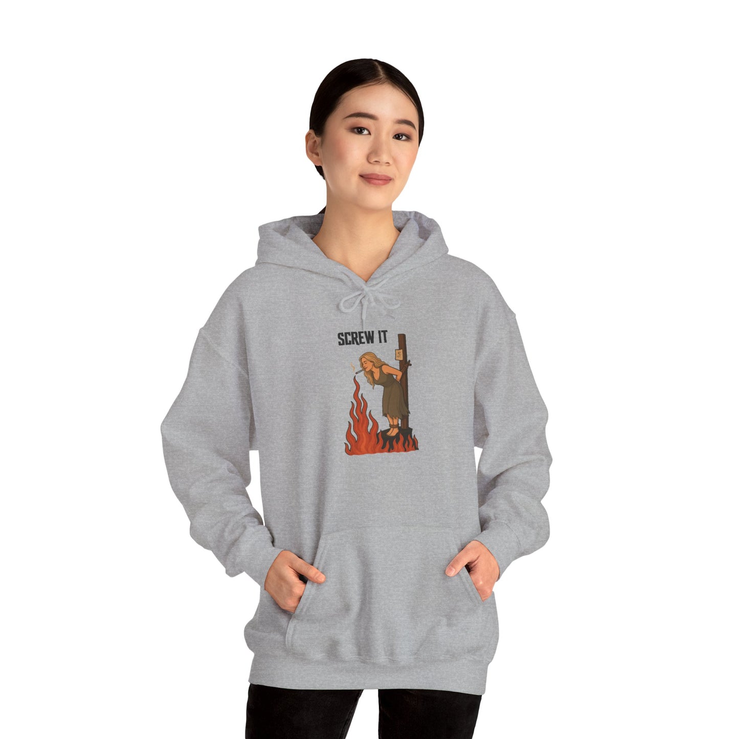 Screw It Hoodie – Funny Retro Character Flaming Witch Graphic Sweatshirt