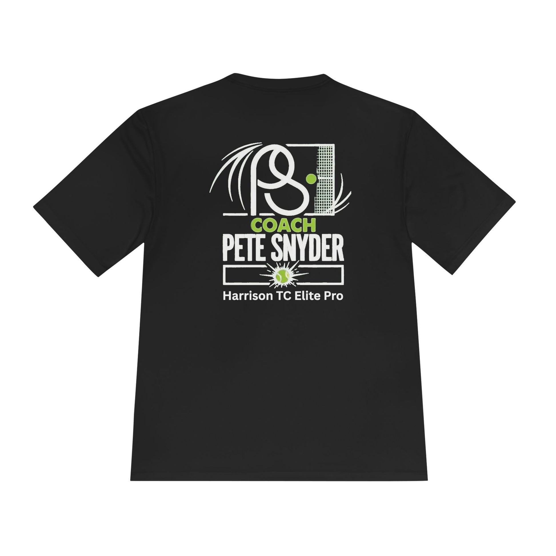 Back view of black tee with white outlined "COACH PETE SNYDER" racket art and green "Harrison TC Elite Pro"
