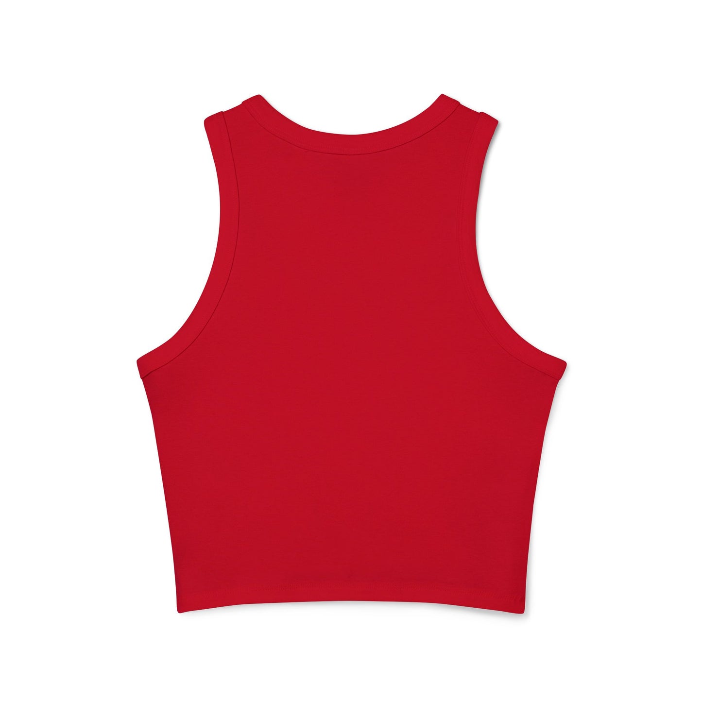 Side view of model rocking red racerback crop tank with sassy cartoon eyes and "My Eyes Are Up Here"