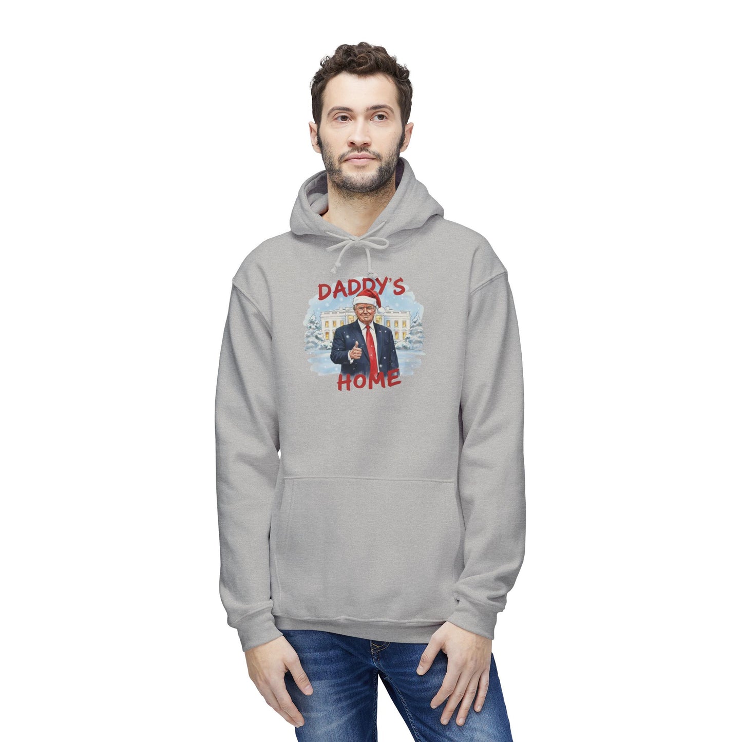 Man modeling gray "Daddy's Home" Trump Christmas hoodie front, Santa style with snowy backdrop