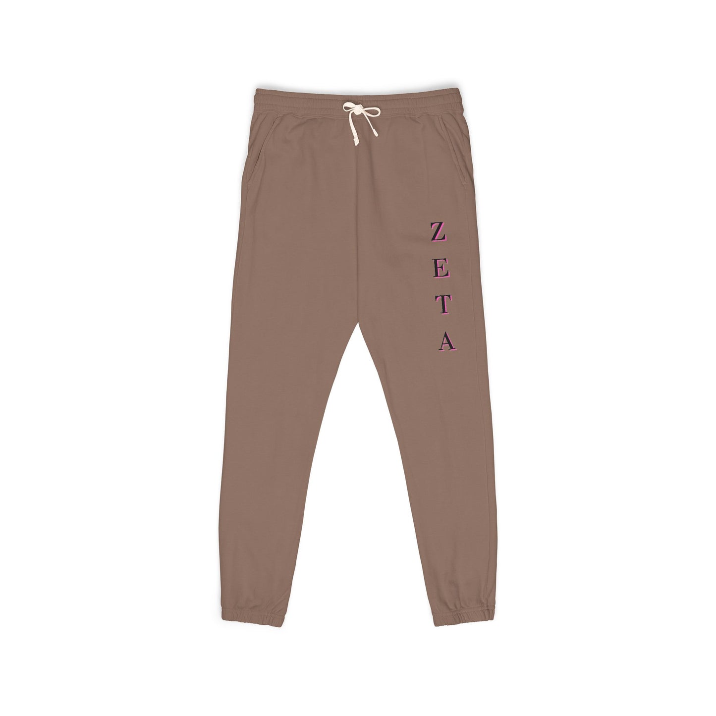 Front view of taupe Zeta Vertical Script sweatpants, magenta ZETA embroidery down leg