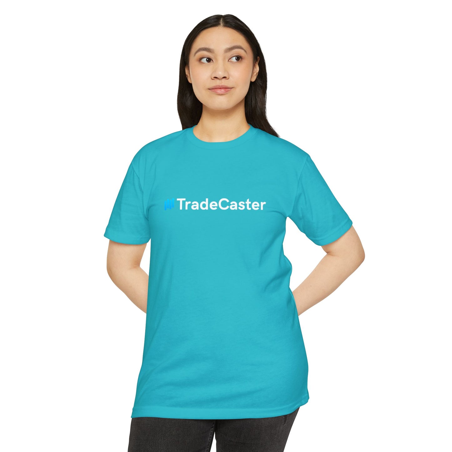 Female model front pose in turquoise TradeCaster t-shirt, vibrant blue icon white lettering