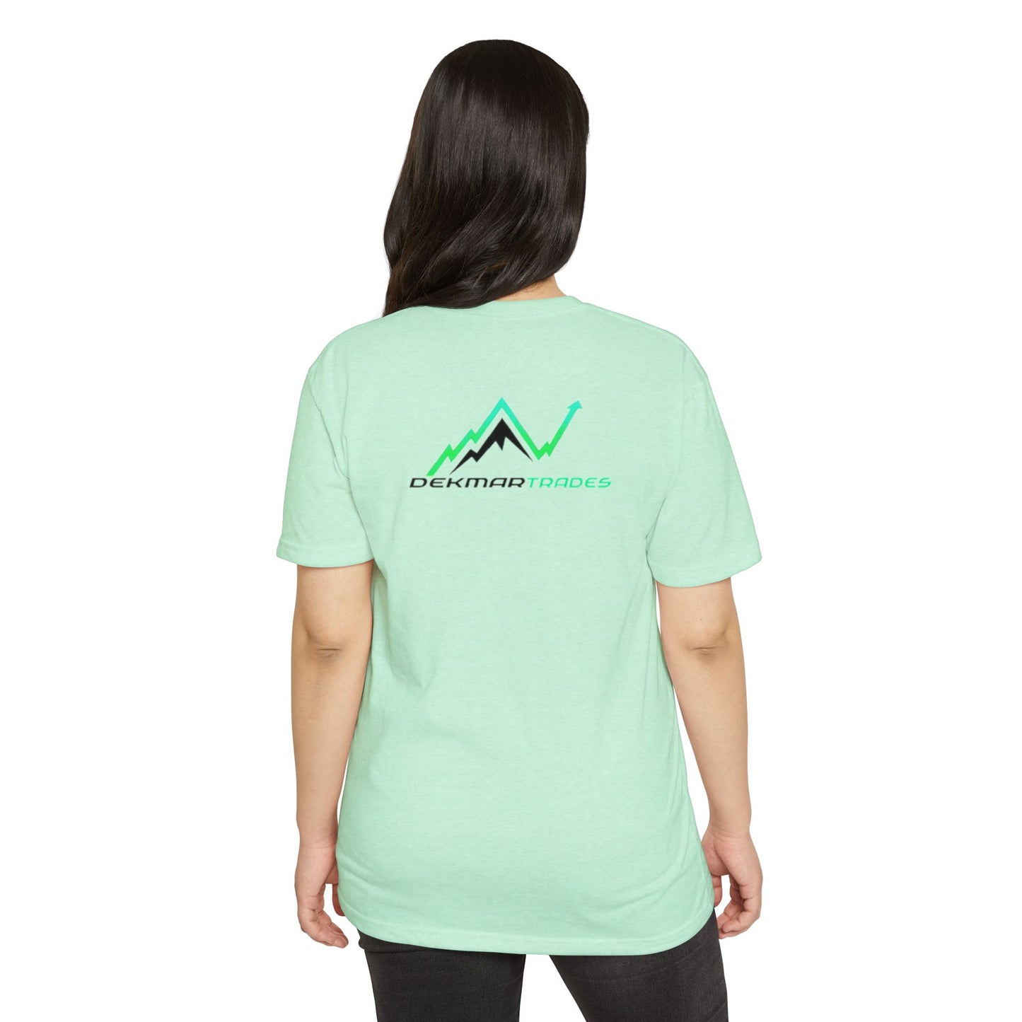 Female model back view CVC mint TradeCaster t-shirt, Dekmar Trades graphic with green accents