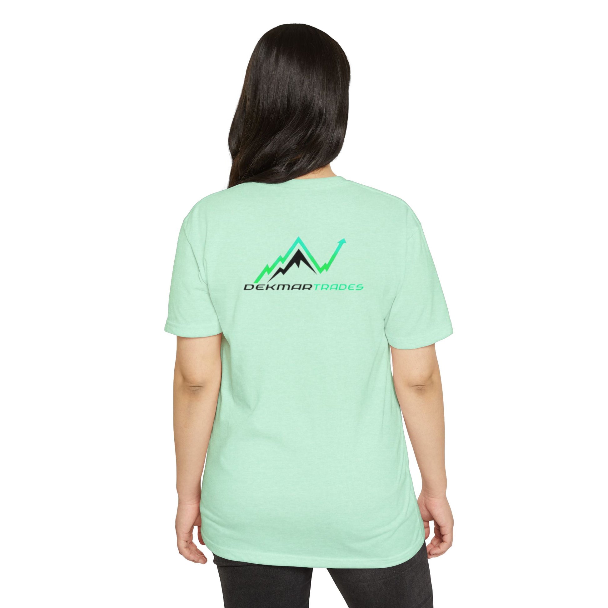 Female model back view CVC mint TradeCaster t-shirt, Dekmar Trades graphic with green accents