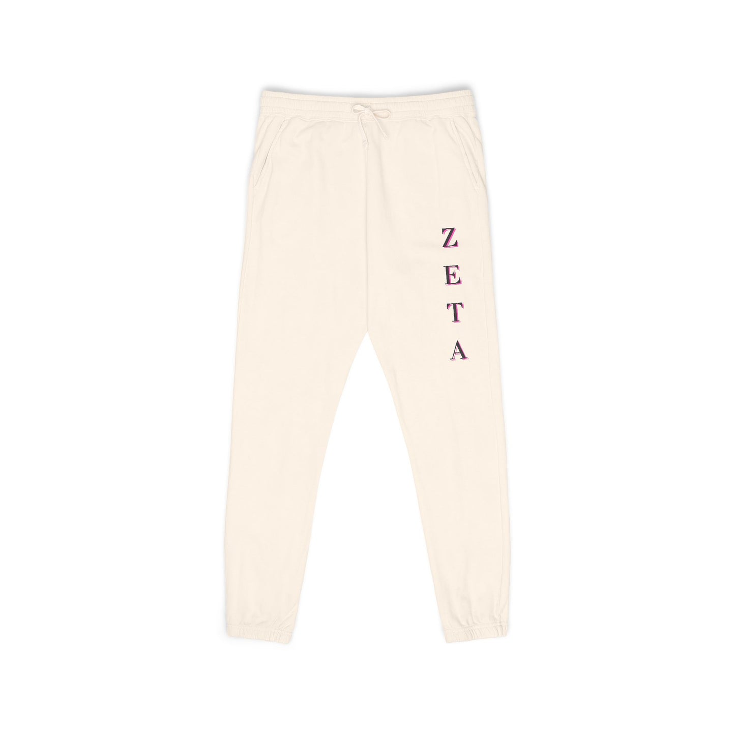 Front view of creamy white Zeta Vertical Script sweatpants, magenta ZETA on right leg