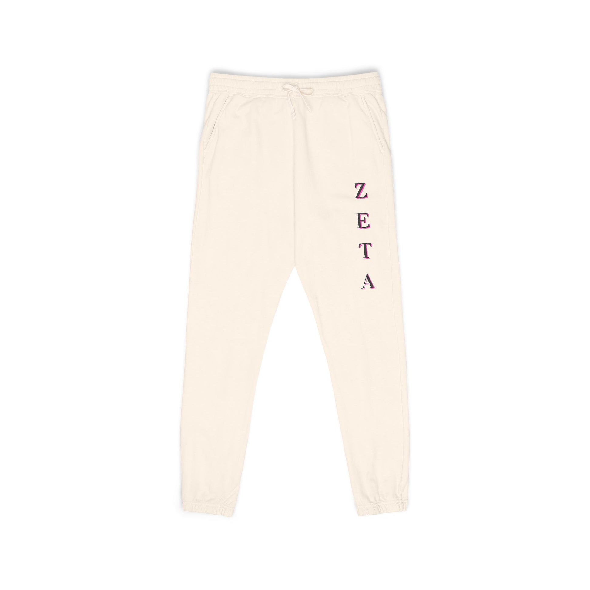 Front view of creamy white Zeta Vertical Script sweatpants, magenta ZETA on right leg