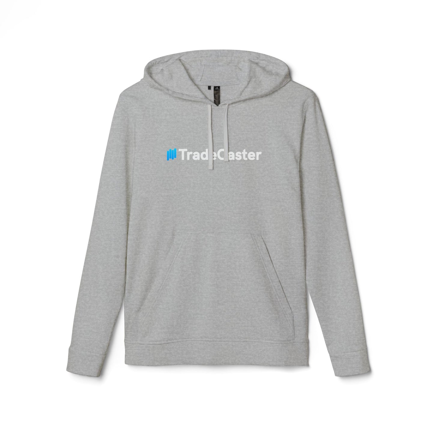 Front view of grey heather TradeCaster Adidas hoodie, subtle centered logo in white/blue, hood drawcords dangling casually