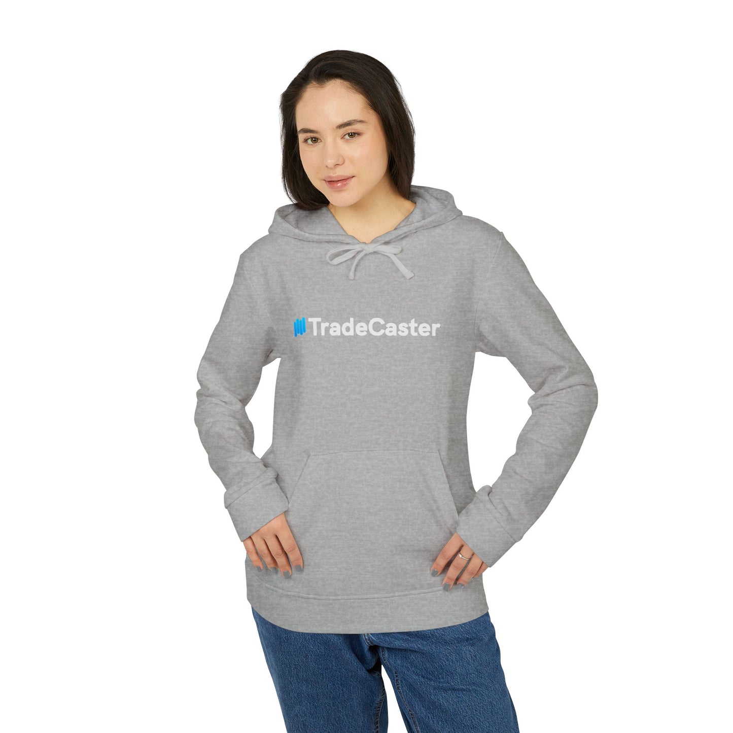 Woman rocks front view of grey heather TradeCaster hoodie, white-blue "TradeCaster" logo centered over kangaroo pocket