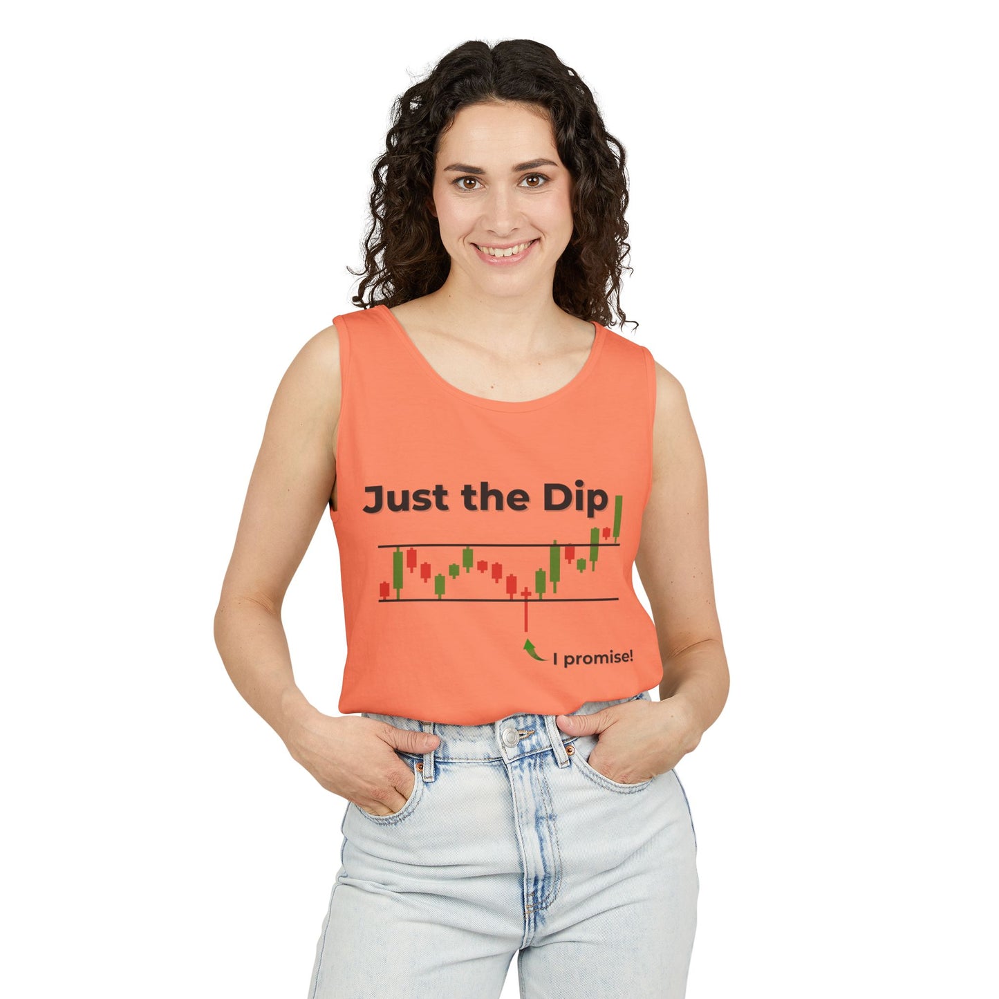 Woman rocking coral "Just the Dip" tank front, smiling in light jeans