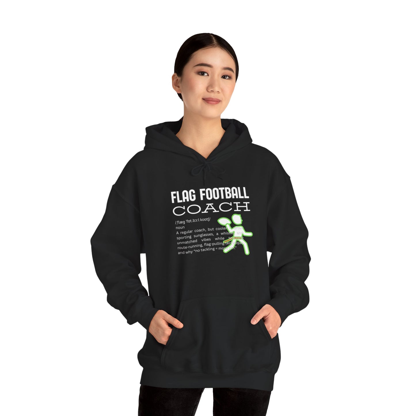 Asian female model front view in black Flag Football Coach hoodie, neon green stick figure, hands in pockets vibe