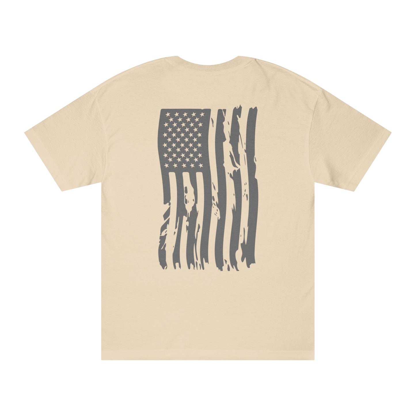 Cream tee back flat lay, gray grunge American flag design for that faded freedom feel