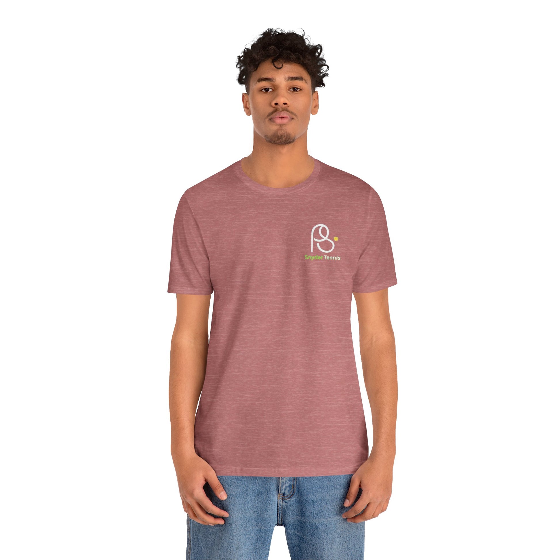 Athletic guy modeling front of heather maroon tee, white PS tennis ball logo and green "PS Tennis" on chest, chill denim vibes