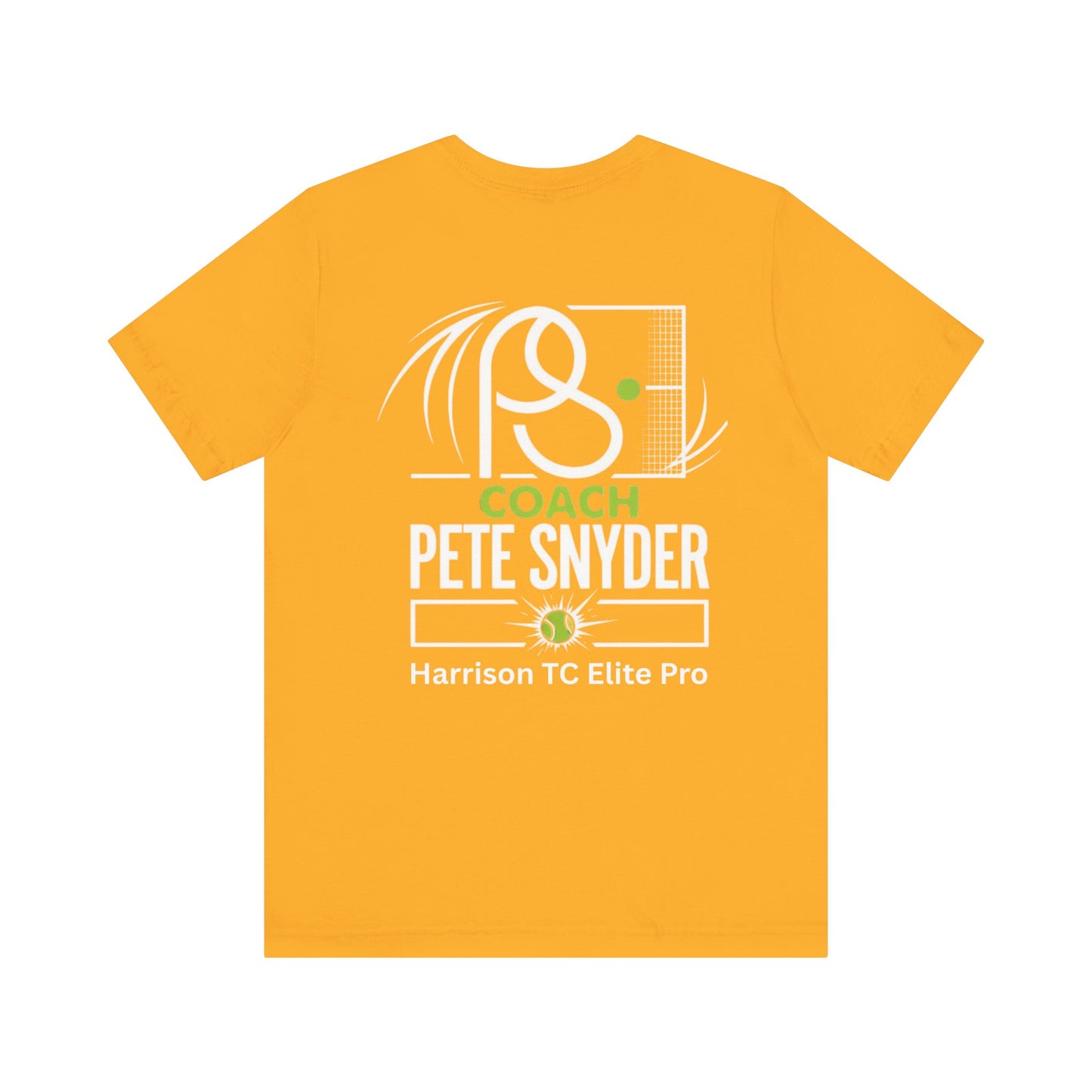 Front flat view of gold yellow tee, chest logo "P S Tennis" in white line art with green accents
