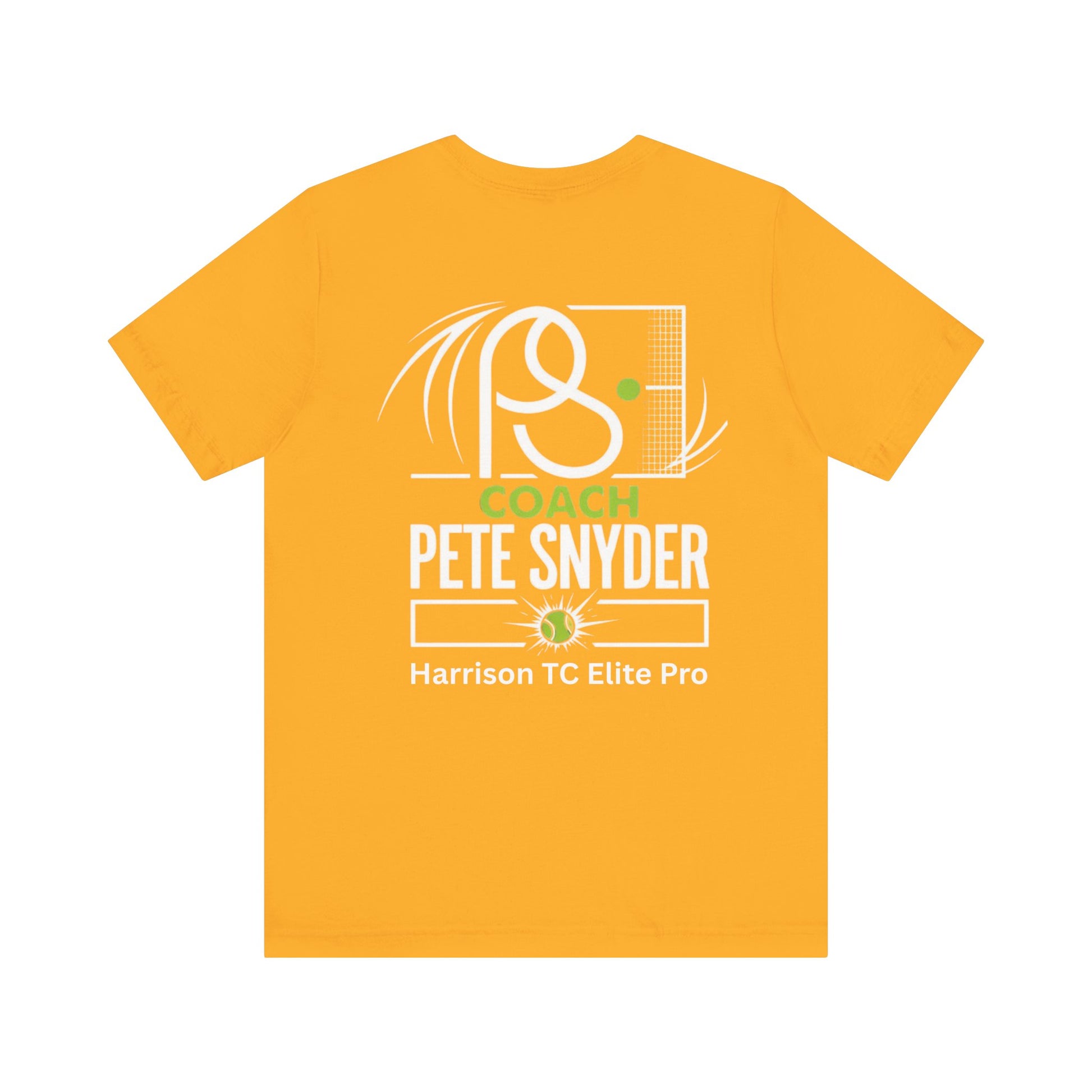 Front flat view of gold yellow tee, chest logo "P S Tennis" in white line art with green accents