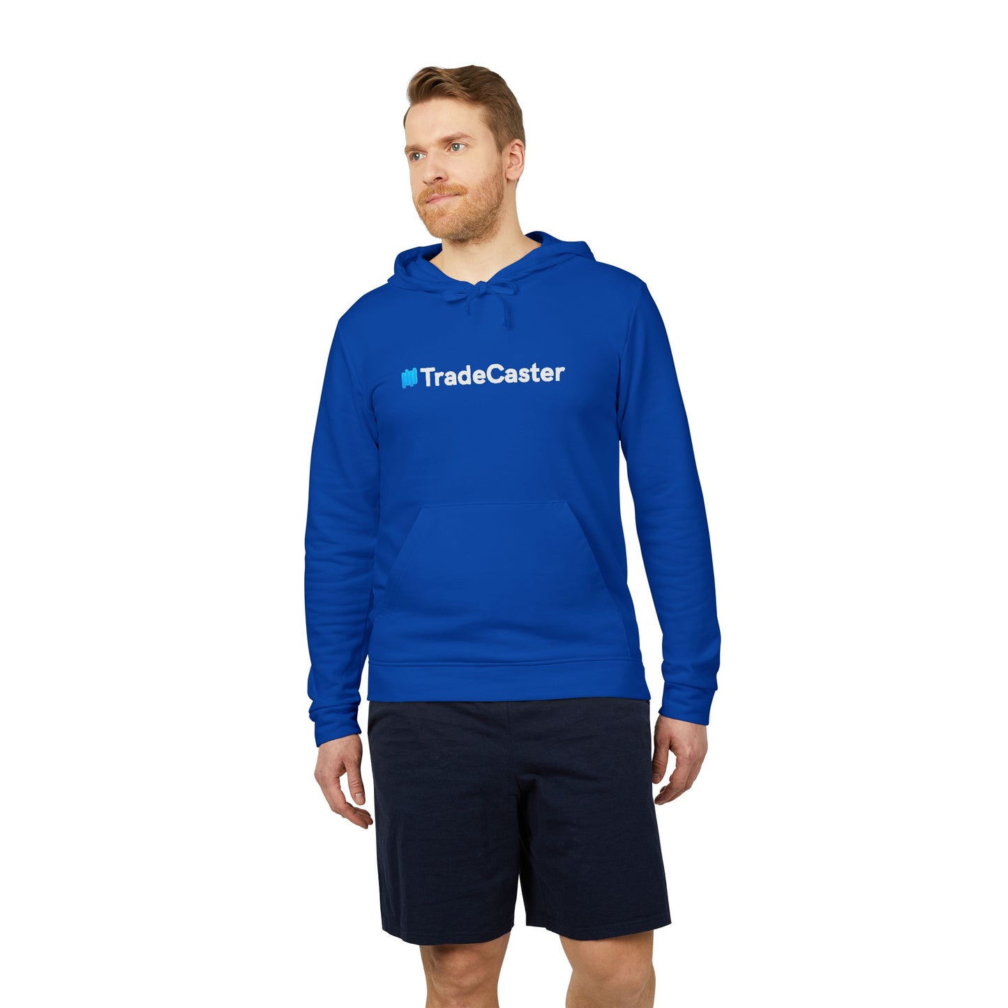 Front view bearded dude eyeing trades in navy #TradeCaster Adidas fleece hoodie over shorts