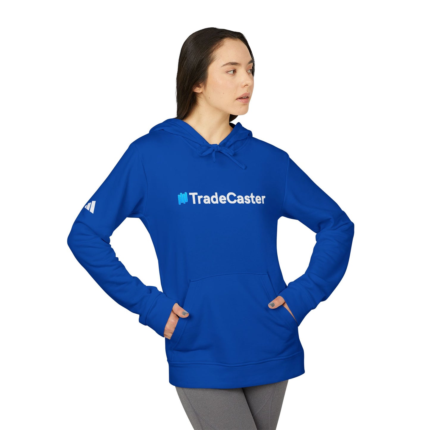 Side view woman in navy #TradeCaster hoodie, Adidas sleeve mark and relaxed fit shining