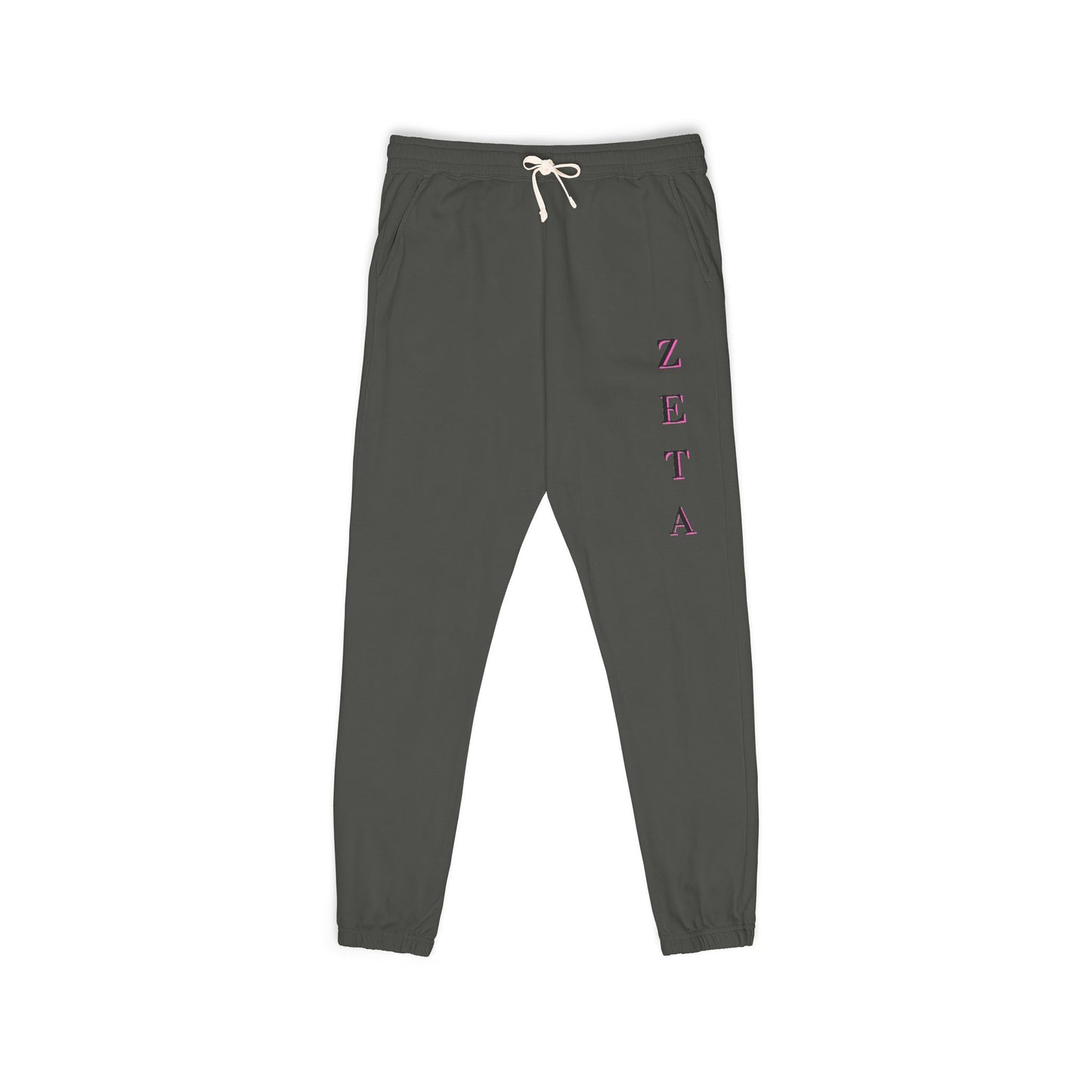 Front view of charcoal gray Zeta Vertical Script sweatpants, magenta ZETA down right leg