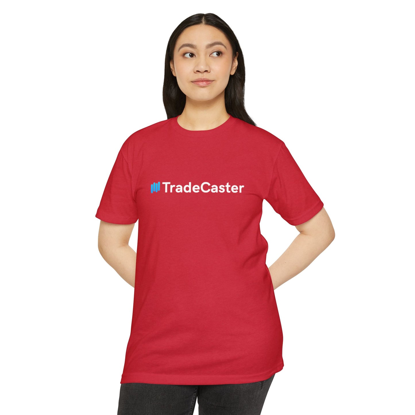 Woman model front view in red TradeCaster t-shirt, blue #TradeCaster logo shining