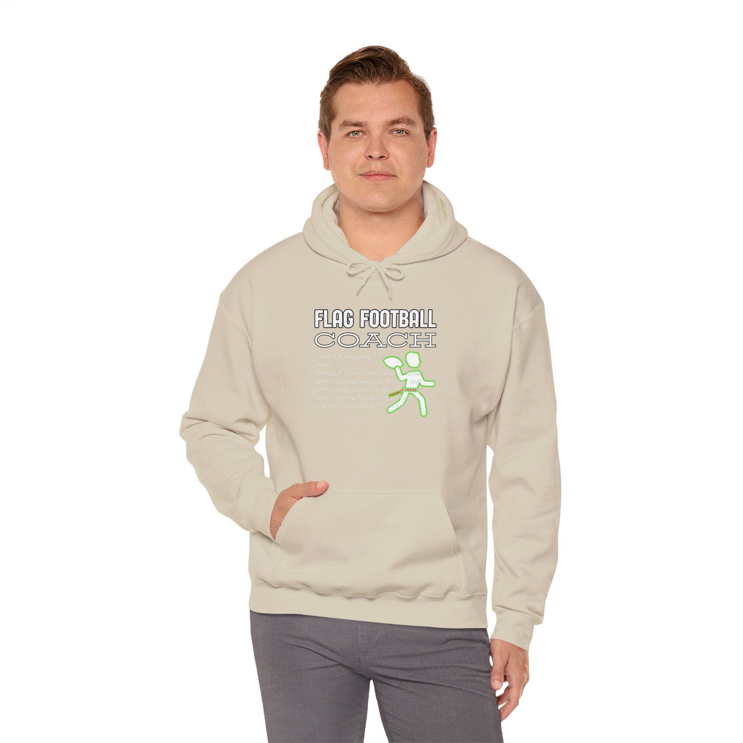 Male model in light beige hoodie with 'Flag Football Coach' print, neon green player, grey pants