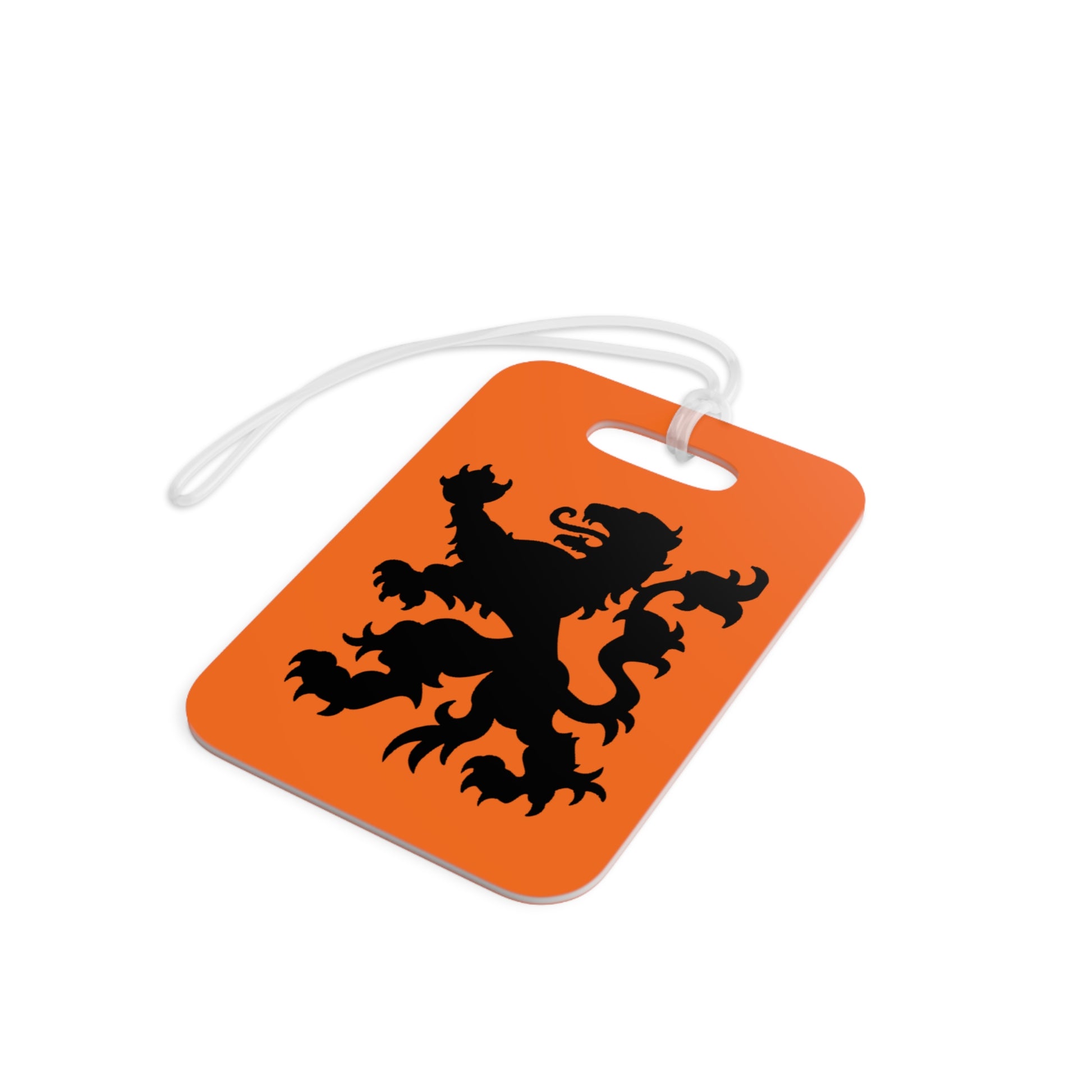 Angled side view of rectangular orange luggage tag showing black Dutch lion details and white strap