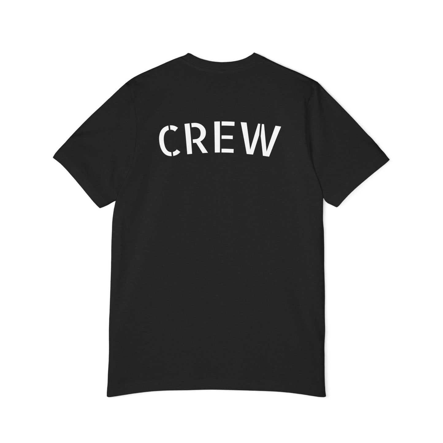 Back view of black crew t-shirt with bold white stencil "CREW" lettering
