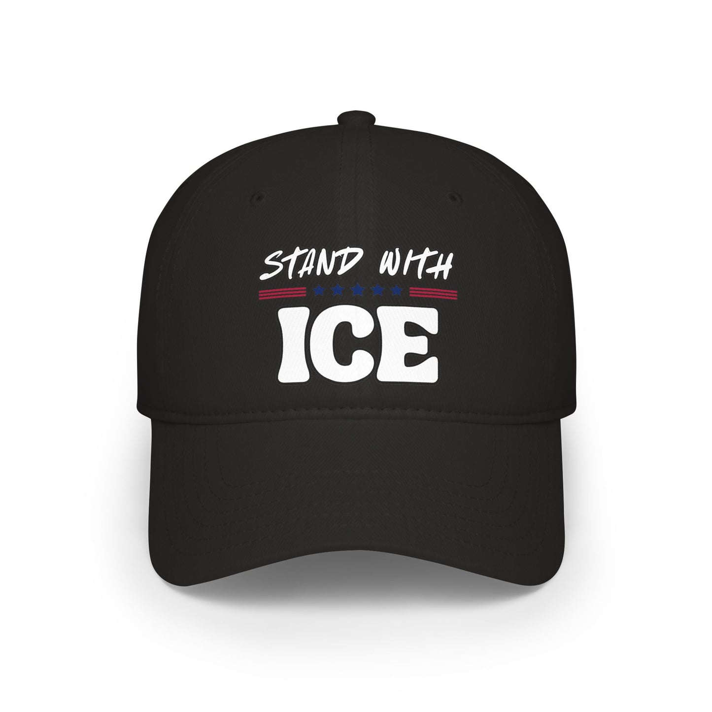 Front view of black dad hat rocking crisp white "Stand With ICE" print with stars
