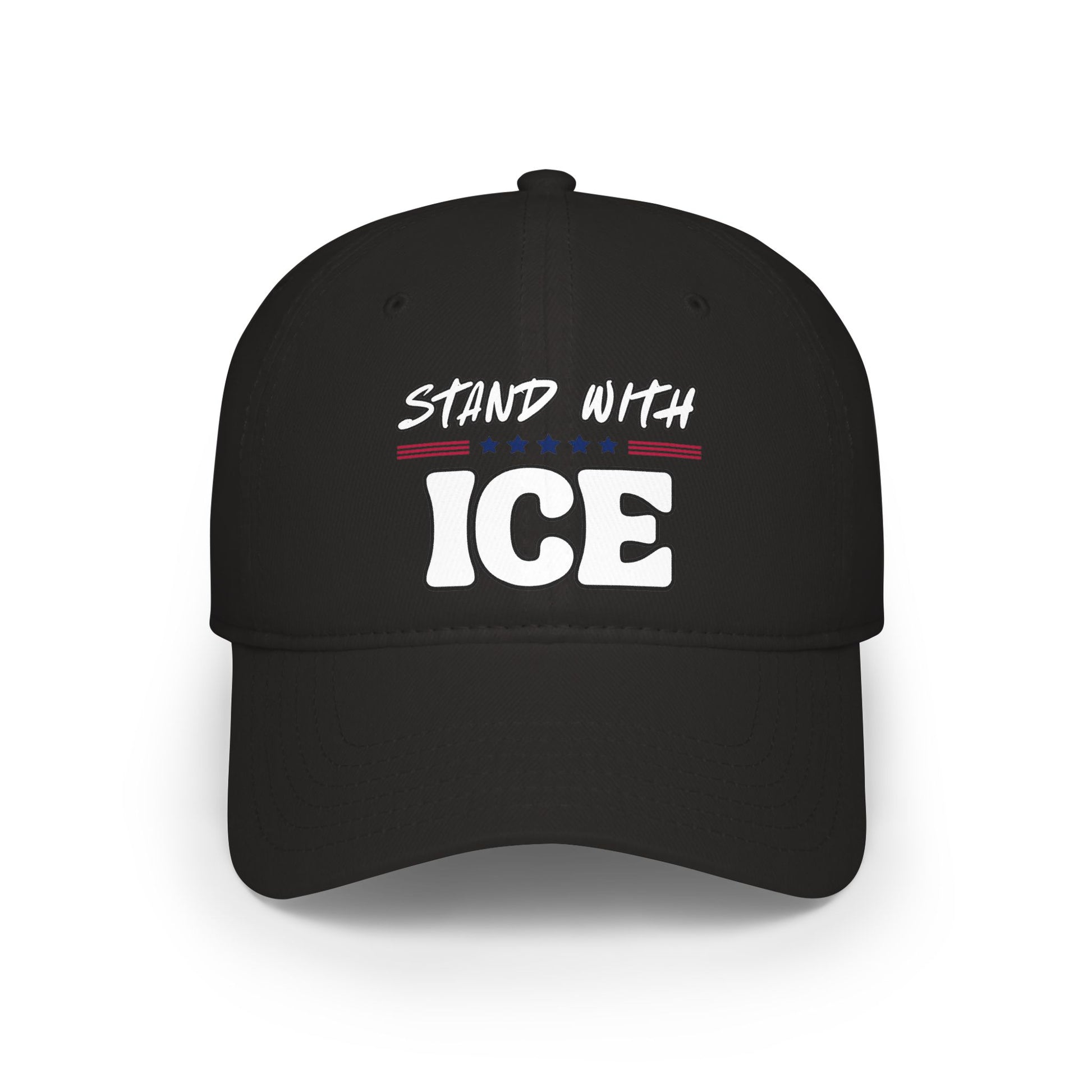 Front view of black dad hat rocking crisp white "Stand With ICE" print with stars