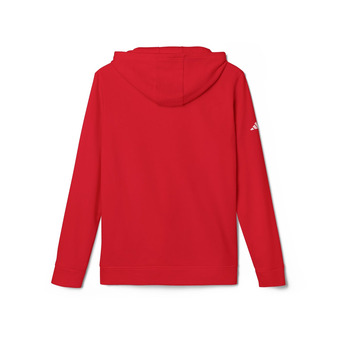 Back view of red Adidas fleece hoodie, white sleeve logo detail, hood and cuffs crisp