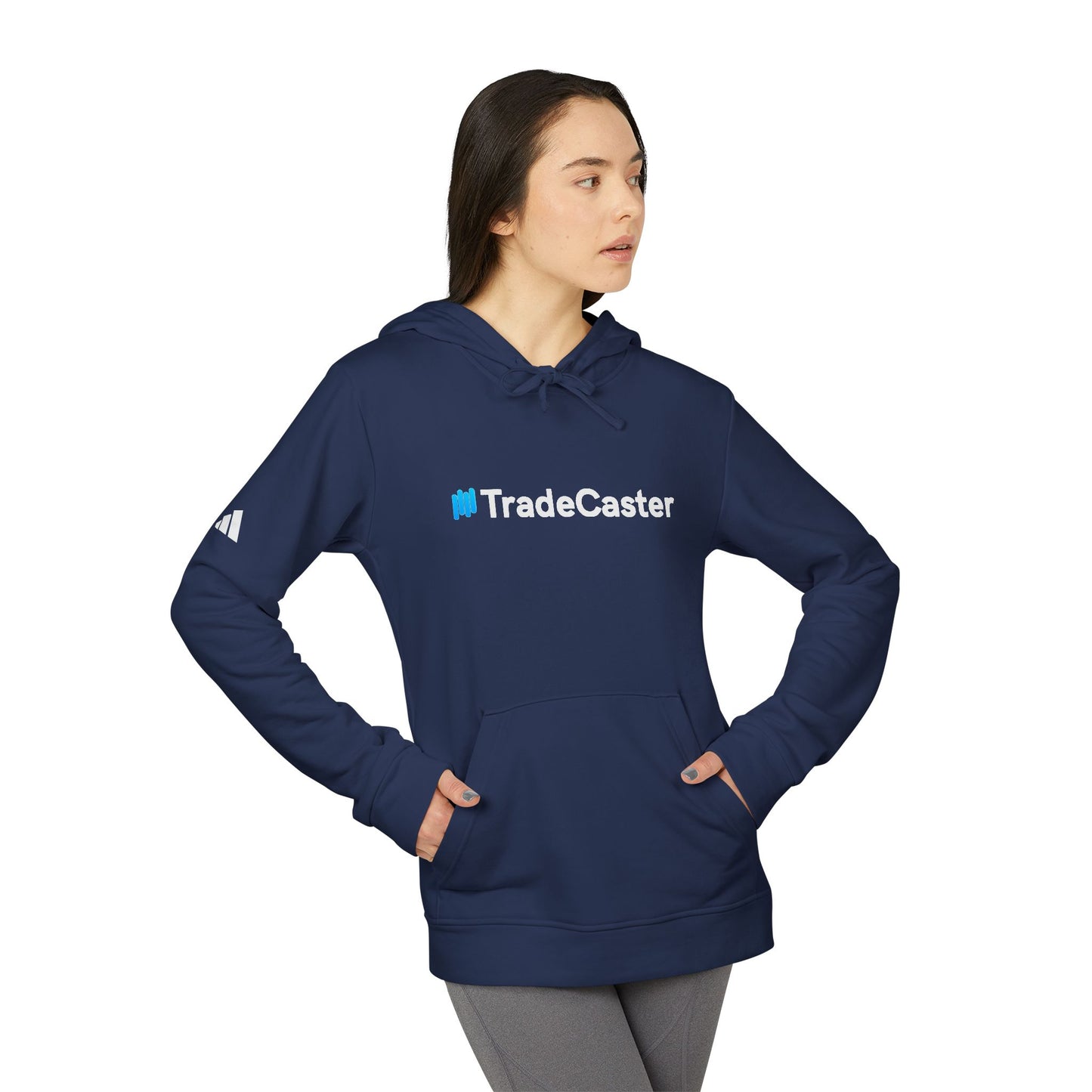 Female side angle navy TradeCaster hoodie, showing cuffed sleeve and Adidas patch