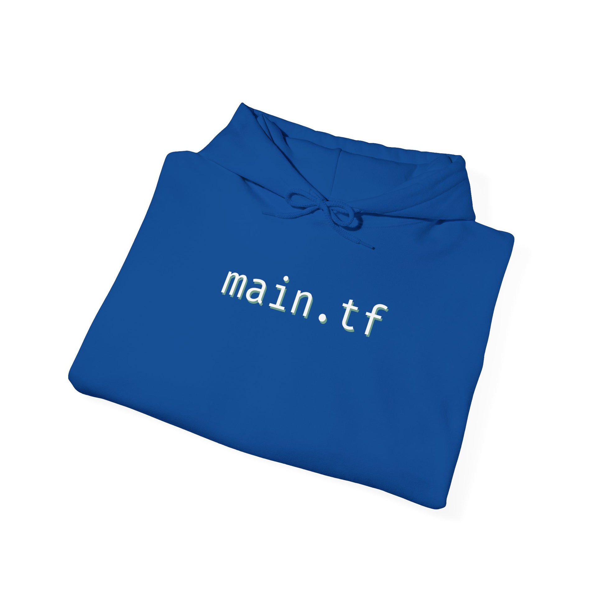 Flat lay royal blue hoodie folded open, bold white "main.tf" print front and center