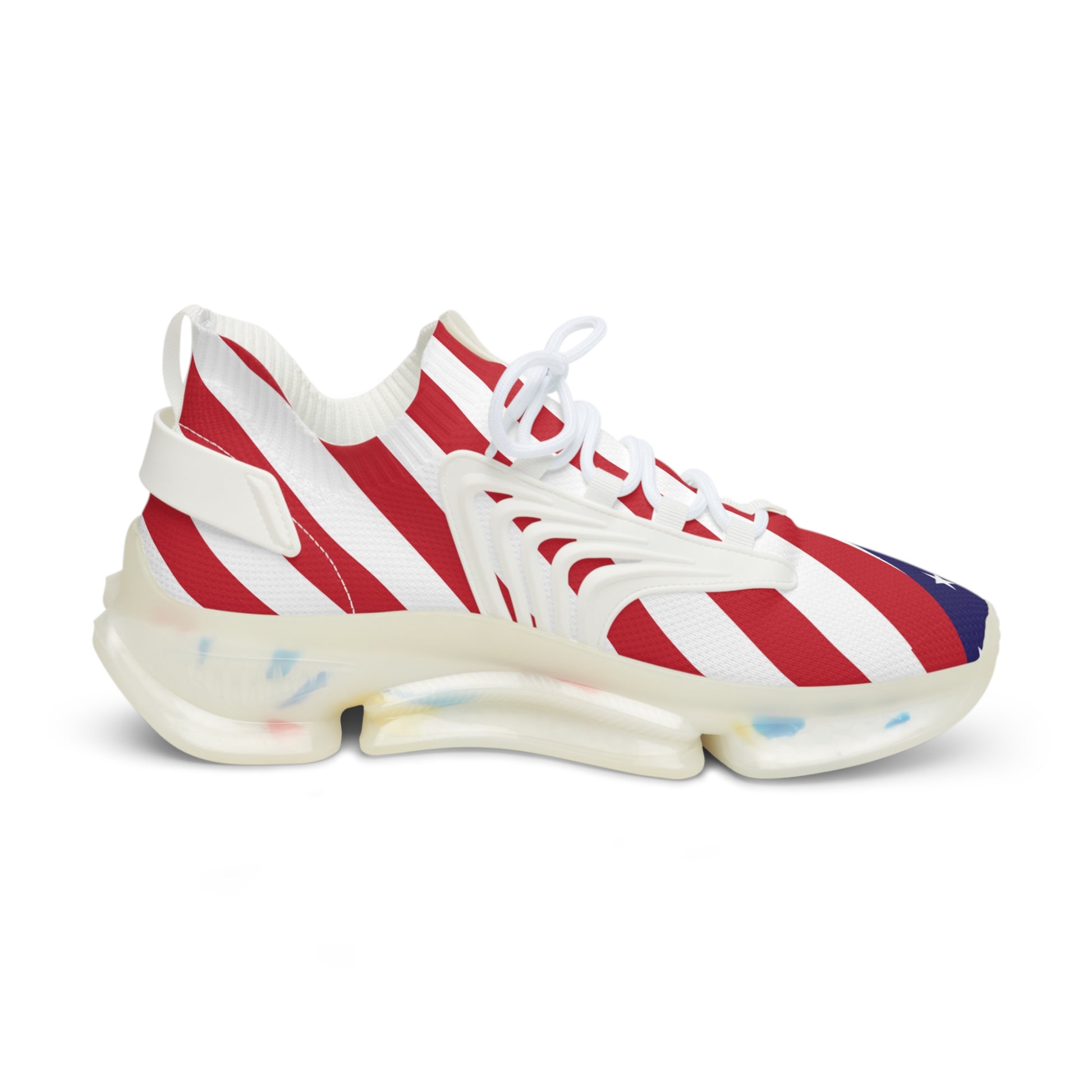Top-front view of USA flag running shoes pair, black laces, red stripes & blue stars mesh, dark chunky sole