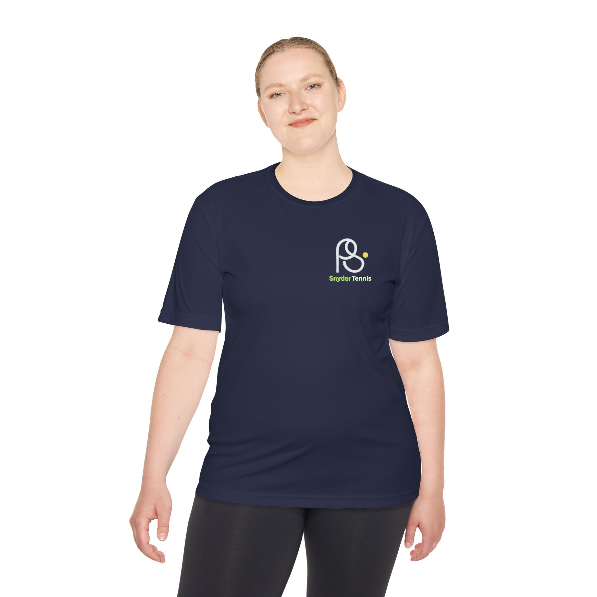 Female model in navy tee front view, subtle white PS and green "Bridge Tennis" print