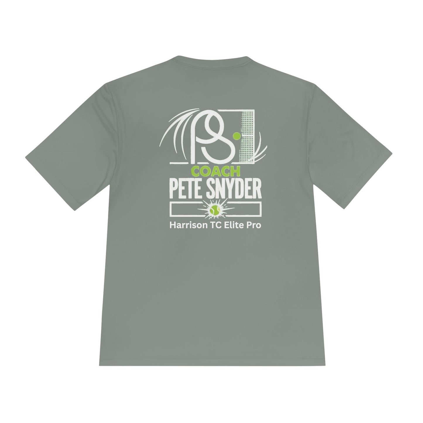 Back view of concrete gray tee featuring white "COACH PETE SNYDER" racket graphic and green "Harrison TC Elite Pro"