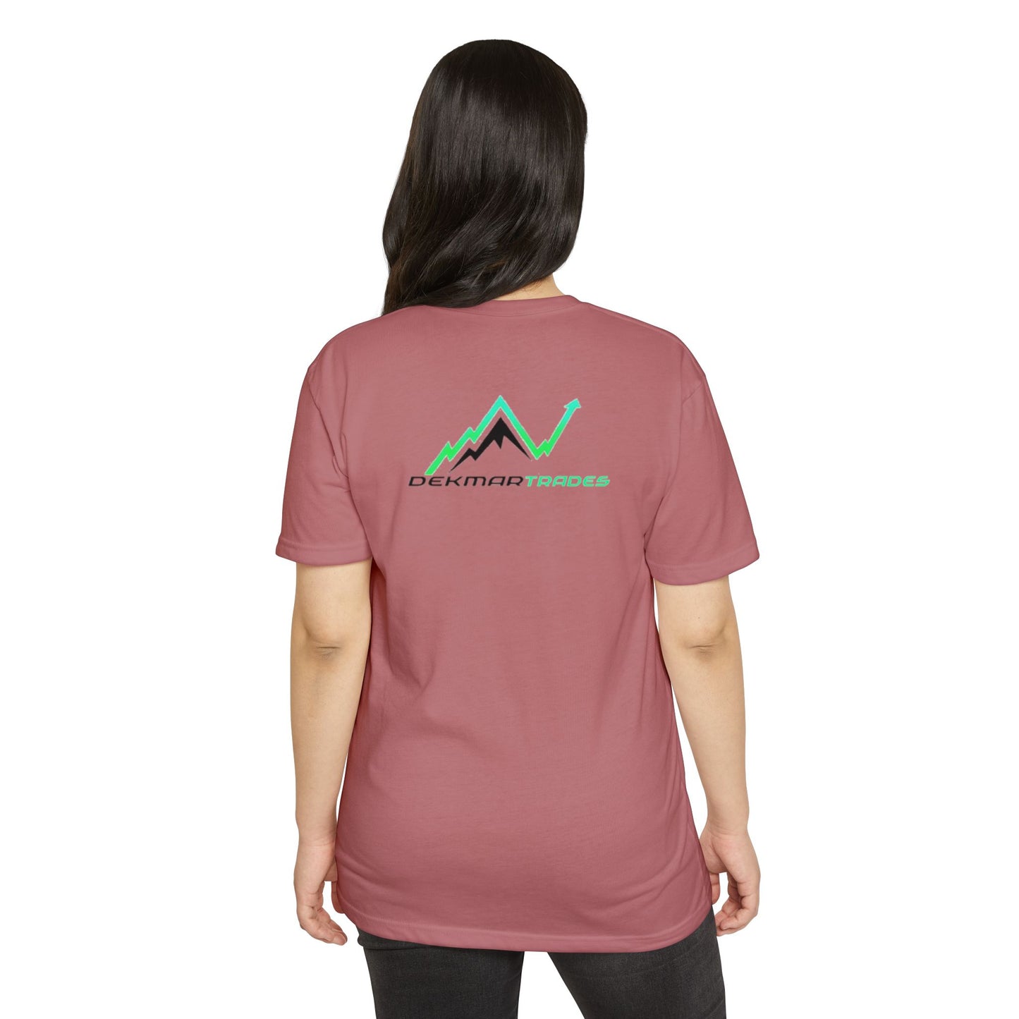 Woman model back view in heather maroon tee, green arrow mountain Dekmar Trades logo