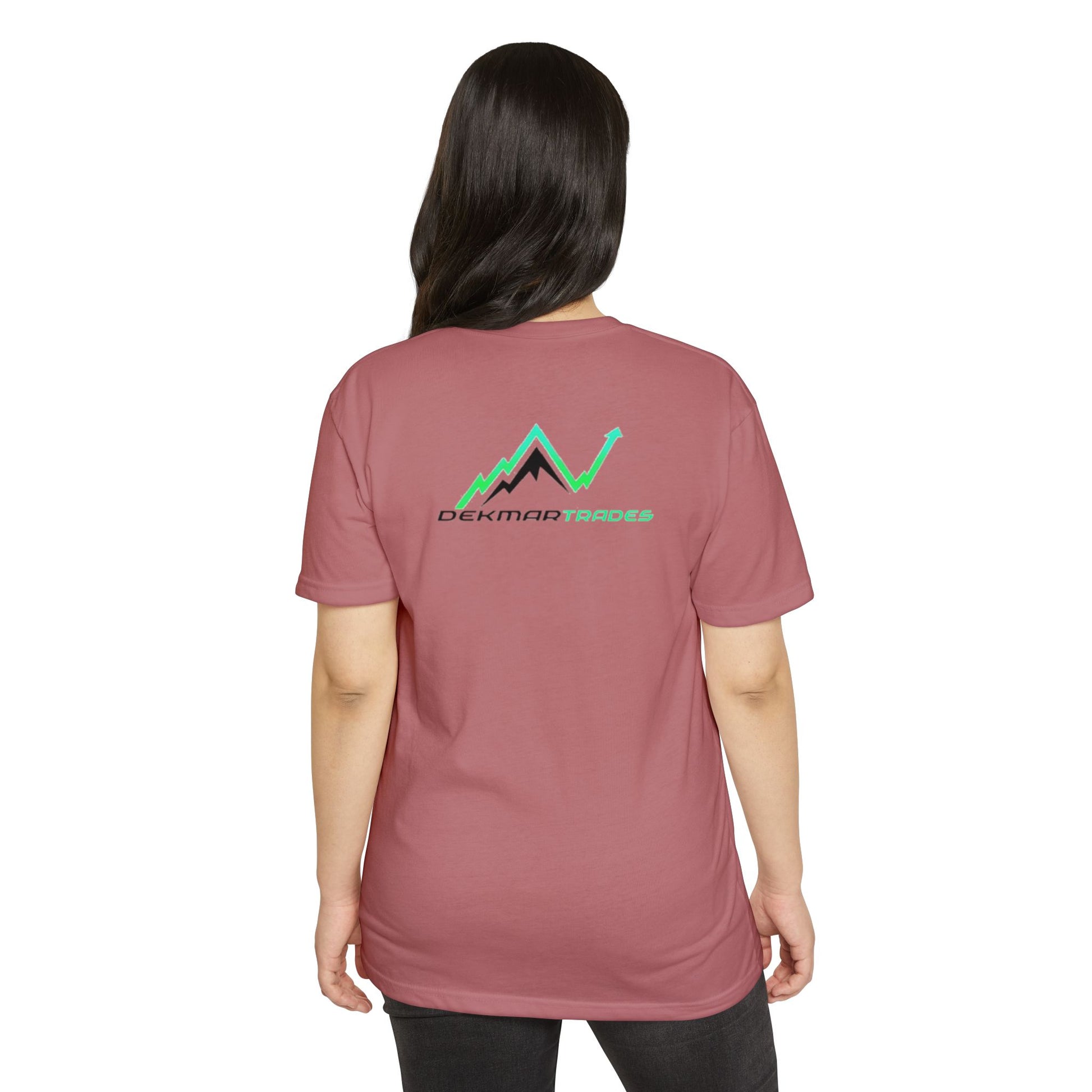 Woman model back view in heather maroon tee, green arrow mountain Dekmar Trades logo