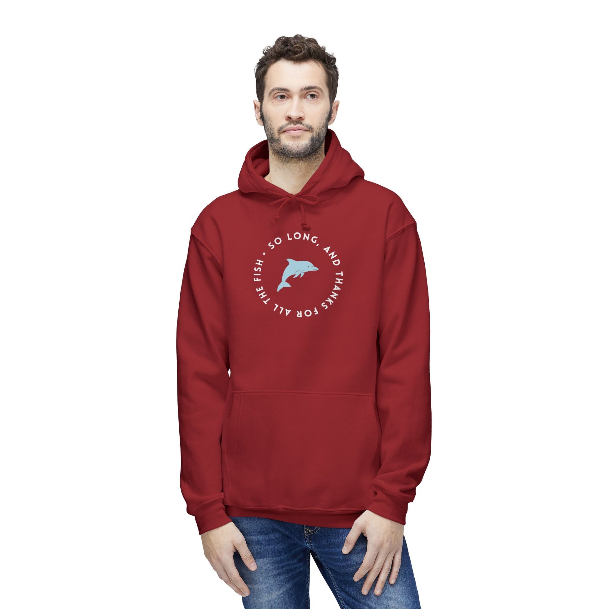 Male model wearing front-view red "So long, and thanks for all the fish" hoodie, light blue dolphin in white circle