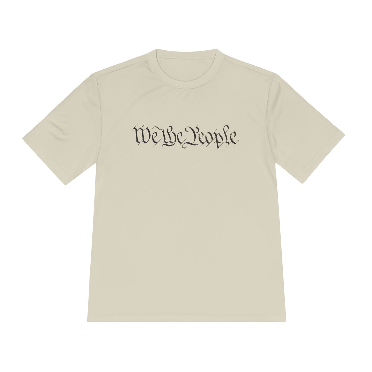 Front view of cream moisture-wicking tee with black cursive "We the People" print hiding QR easter egg